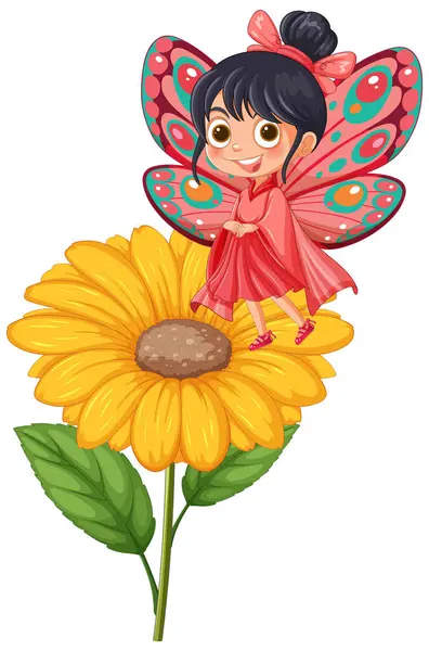Иллюстрация Девушки Крыльями Бабочки Цветке Стоковый вектор
