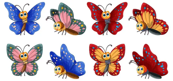 Восемь Ярких Иллюстрированных Бабочек Различных Позах Стоковый вектор
