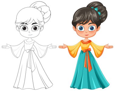 Dış hatları olan renkli elbiseli kız.