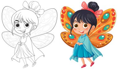 Kelebek kızın renkli ve özet çizilmiş versiyonları.