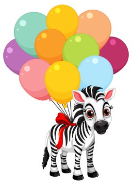 Canlı renkli balonlara bağlanmış şirin zebra.