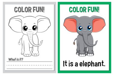 Educational coloring cards featuring a cute elephant clipart