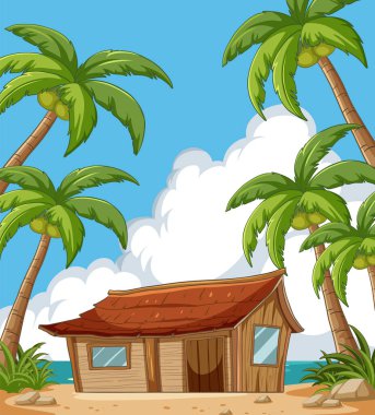 Palmiye ağaçlarıyla çevrili rahat bir kulübe.