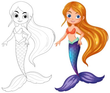 Renkli ve ana hatlı bir deniz kızının vektör çizimi