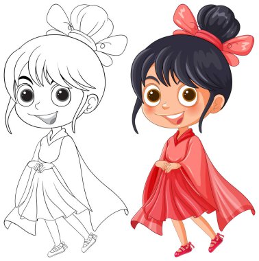 Neşeli bir kızın renkli ve eskiz versiyonları.