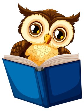 Mavi bir kitap okumaya dalmış sevimli baykuş.