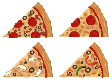Çeşitli malzemelerle dört farklı pizza dilimi.