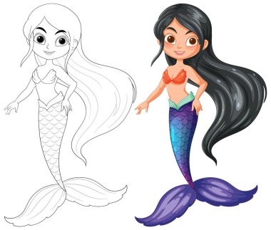 Bir denizkızı temsili, renkli ve çizgi sanatı.