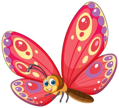 Canlı çizgi film kelebeği, neşeli gözleri var.