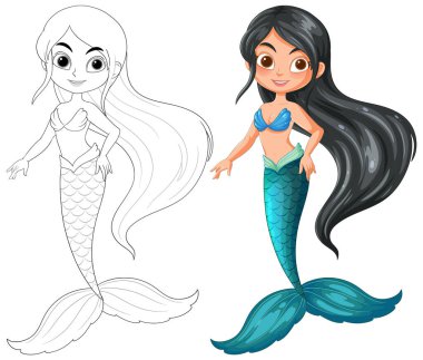 İki stilde bir deniz kızının vektör çizimleri