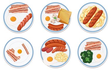 Yumurta ve etli çeşitli kahvaltı tabakları.