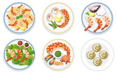 Çeşitli tabaklar üzerinde çeşitli deniz ürünleri.