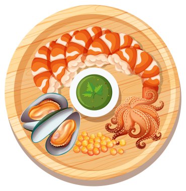 Tahta bir tabakta lezzetli deniz ürünleri çeşitleri