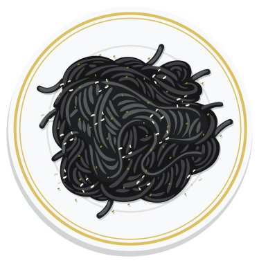 Bitkilerle süslenmiş lezzetli siyah spagetti.