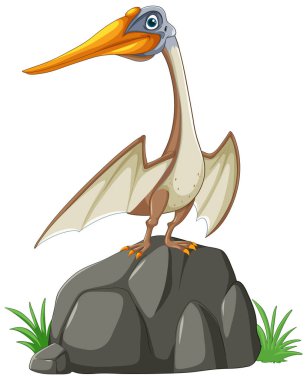 Karikatür Pterosaur bir kayanın üzerinde duruyor.