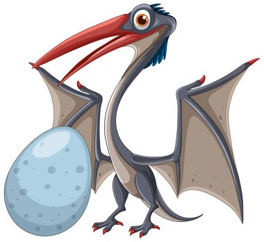 Büyük bir dinozor yumurtası tutan bir Pterosaur.