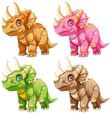 Dört sevimli, renkli karikatür dinozorları bir arada duruyor.