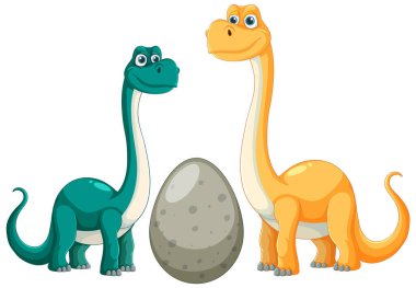 İki dinozor büyük bir yumurtanın yanında duruyor.