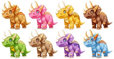 Değişik renklerde sekiz canlı karikatür dinozor.