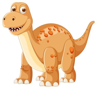 Turuncu benekli ve büyük gözlü gülümseyen bir dinozor.