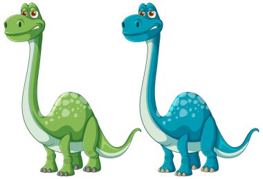 İki renkli dinozor yan yana duruyor.