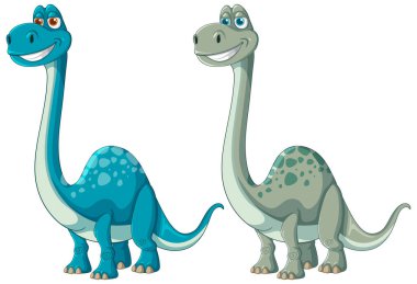 İki mutlu dinozor yan yana duruyor.