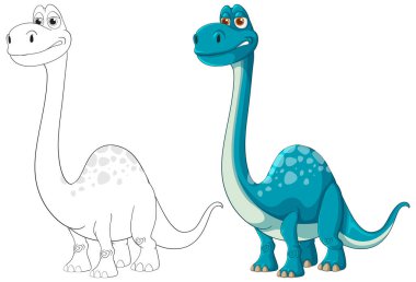 Taslak versiyonunun yanında mavi bir dinozor.