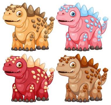 Farklı renklerde dört sevimli dinozor.