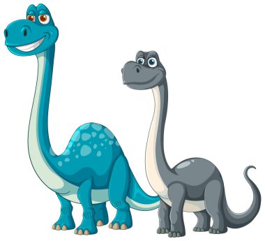 İki mutlu dinozor yan yana duruyor.