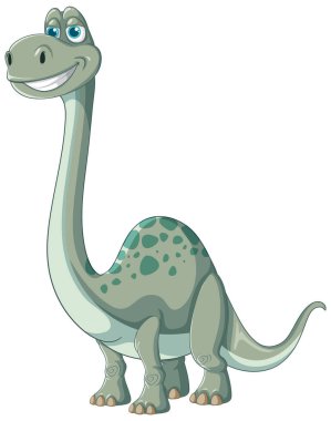 Uzun boynu ve benekleri olan gülümseyen bir dinozor.