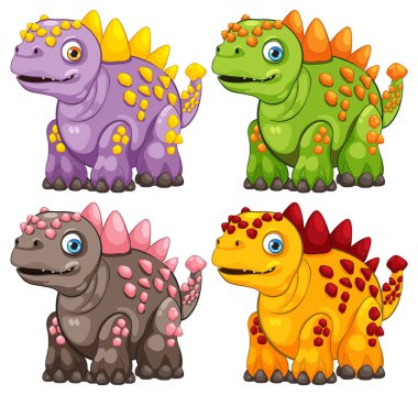 Eşsiz renkleri ve desenleri olan dört canlı dinozor.