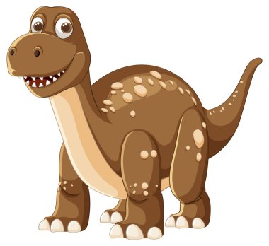 Kahverengi benekli ve büyük gözlü gülümseyen bir dinozor.