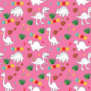 Pembe arka planda sevimli dinozorlar ve bitkiler.