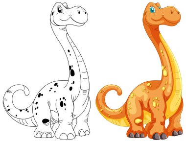 İki dinozor, biri renkli, biri ana hatlı.