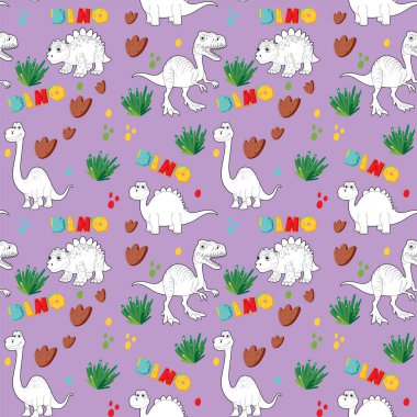 Mor arka planda renkli dinozorlar ve bitkiler
