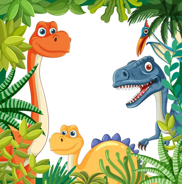 Bereketli orman yapraklarıyla çevrili renkli dinozorlar.