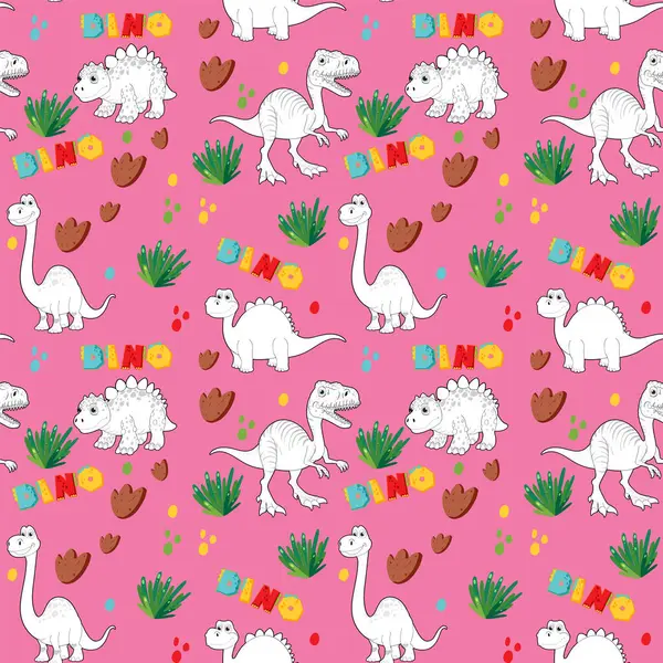 Pembe arka planda sevimli dinozorlar ve bitkiler.