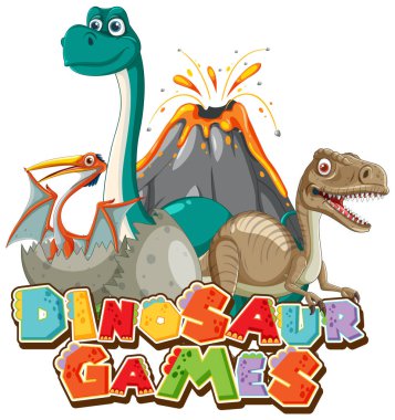 Volkan arkaplanı püsküren renkli dinozorlar.