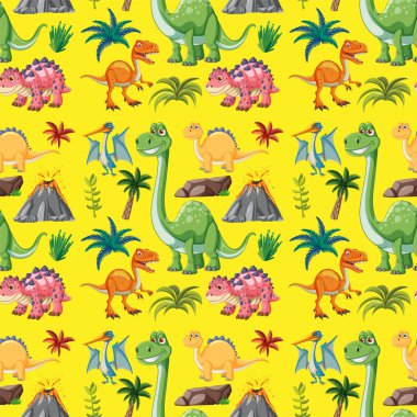 Volkanları ve palmiye ağaçları olan parlak dinozorlar.