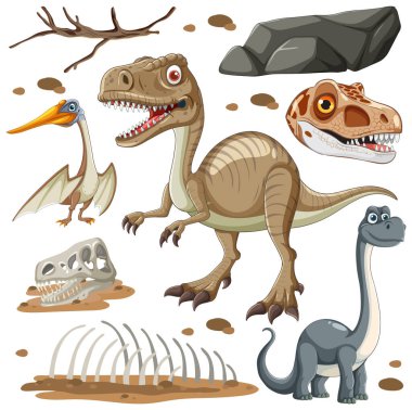 Tarih öncesi bir sahnede çeşitli dinozorlar ve fosiller