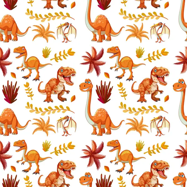stock vector Dinosaurs and foliage in a seamless pattern