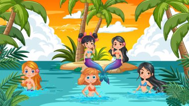 Denizkızları cennette güneşli bir günün tadını çıkarıyorlar.