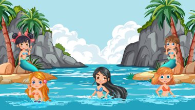 Uçurumlar ve palmiyelerle çevrili suyun tadını çıkaran denizkızları.