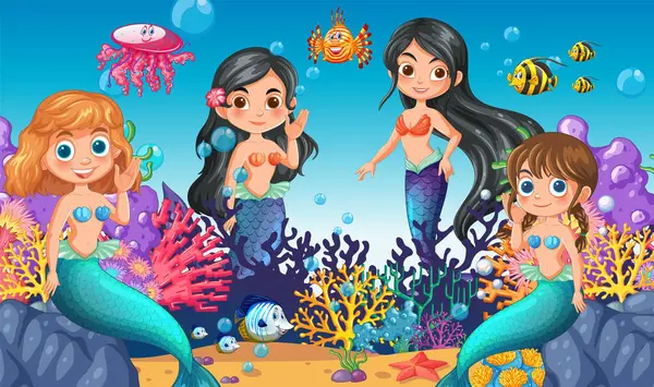 stock vector Mermaids exploring a vibrant coral reef