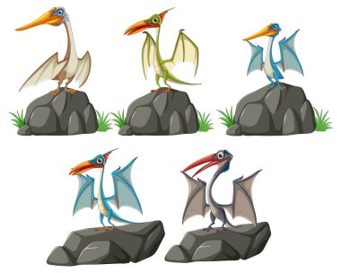 Beş karikatür pterodactyl kayaların üzerinde duruyor.