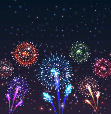 Gece gökyüzünü aydınlatan canlı havai fişekler