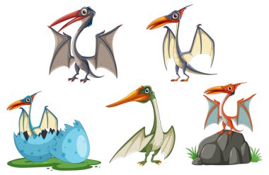 Çeşitli pozlarda yumurtaları olan renkli pterodactyler.