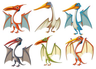 Çeşitli pozlarda altı canlı pterodactyl çizim
