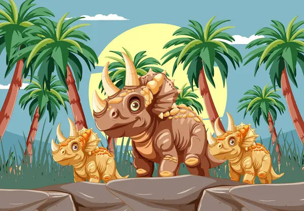 stock vector Triceratops family walking in lush prehistoric jungle