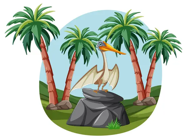 stock vector Pterodactyl perched on rock among palm trees